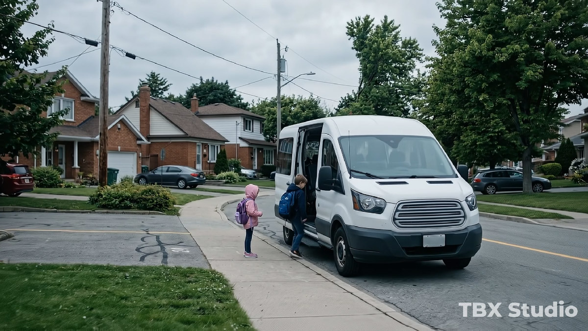 Film still — a van at a residential curb, picking up two children