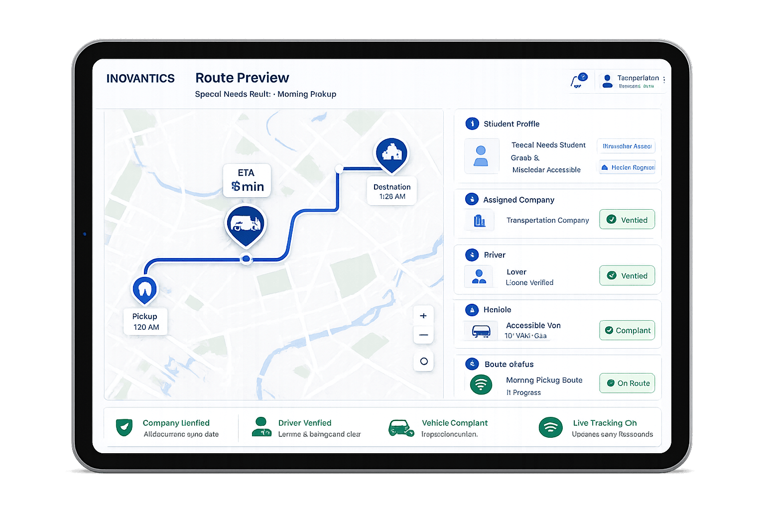 Inovantics route preview — special-needs morning pickup with verified company, driver, and vehicle